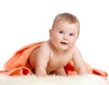 Adorable happy baby in towel after bathing Royalty Free Stock Photo