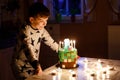 Adorable happy blond little kid boy celebrating his birthday. Child blowing candles on homemade baked cake, indoor Royalty Free Stock Photo