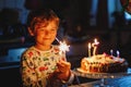 Adorable happy blond little kid boy celebrating his birthday. Child blowing seven candles on homemade baked cake, indoor Royalty Free Stock Photo