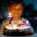 Adorable happy blond little kid boy celebrating his birthday. Child blowing seven candles on homemade baked cake, indoor Royalty Free Stock Photo