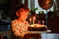 Adorable happy blond little kid boy celebrating his birthday. Child blowing seven candles on homemade baked cake, indoor Royalty Free Stock Photo