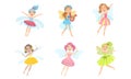 Adorable Happy Little Fairies Set, Smiling Beautiful Girls in Colorful Fairy or Elf Costumes Vector Illustration