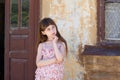 Adorable happy little girl outdoors. Portrait of caucasian kid enjoy summer Royalty Free Stock Photo