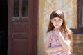 Adorable happy little girl outdoors. Portrait of caucasian kid enjoy summer Royalty Free Stock Photo