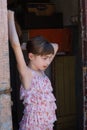 Adorable happy little girl outdoors. Portrait of caucasian kid enjoy summer Royalty Free Stock Photo