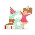 Adorable happy six year old girl in a party hat celebrating her birthday, colorful cartoon character vector Illustration