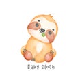 Adorable happy smile baby sloth sitting cartoon watercolor nursery Illustration Royalty Free Stock Photo