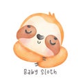 Adorable happy smile baby sloth sleeping cartoon watercolor nursery Illustration