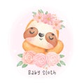 Adorable happy smile baby sloth sleeping in flowers cartoon watercolor nursery Illustration Royalty Free Stock Photo