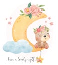 Adorable happy smile baby teddy bear sitting on sweet floral crescent and cloud sky, sweet night,nursery animal cartoon hand drawn Royalty Free Stock Photo