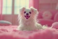 Adorable Happy White Chihuahua Relaxing on a Soft Pink Blanket with a Warm Joyful Expression, Perfect Pet Lifestyle Image Royalty Free Stock Photo