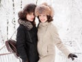 Adorable happy young brunette women holding hands in fur hat having fun snowy winter park forest in nature Royalty Free Stock Photo