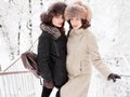 Adorable happy young brunette women holding hands in fur hat having fun snowy winter park forest in nature Royalty Free Stock Photo