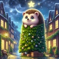 Adorable hedgehog in cartoon style and cute face, at evergreen alley in wonderful town, houses, lights, starry night background