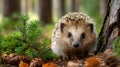 Adorable hedgehog in forest clearing among pinecones and greenery Royalty Free Stock Photo