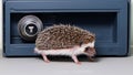 Adorable hedgehog leisurely ambling in front of a large, metal money safe.