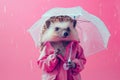 Adorable hedgehog in a pink raincoat, holding a clear umbrella, ready for rainy days.
