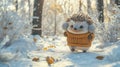 Adorable hedgehog wearing a cozy sweater and earmuffs walking through a snowy winter forest, creating a charming and whimsical