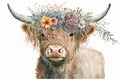 Adorable Highland Cow with Flower Crown Watercolor Illustration for Children\'s Books.