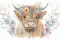 Adorable Highland Cow with Flower Crown Watercolor Illustration for Children\'s Books.