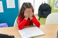 Adorable hispanic girl student stressed covering eyes with hands at classroom