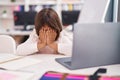 Adorable hispanic girl student using laptop with worried expression at classroom Royalty Free Stock Photo