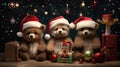 the adorable holiday spirit with three little cute puppies donning Santa Claus hats in a heartwarming scene.