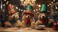 the adorable holiday spirit with three little cute puppies donning Santa Claus hats in a heartwarming scene.