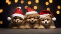 the adorable holiday spirit with three little cute puppies donning Santa Claus hats in a heartwarming scene.