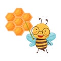 Adorable honey bee cartoon character pointing at honeycomb vector illustration Royalty Free Stock Photo