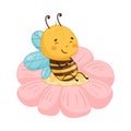 Adorable honey bee cartoon character sitting on pink flower vector illustration Royalty Free Stock Photo