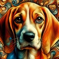 An adorable hound dog in the bold painting, with cute face, abstract bavkground, fantasy art, animal design, printable