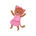 Adorable humanized kitten wearing pink dress and hoop with bow on head. Baby girl with pacifier in mouth. Cartoon animal