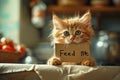 Adorable hungry kitty with large, pleading eyes holding a "Feed Me" cardboard sign in the kitchen. Concept of pet care Royalty Free Stock Photo