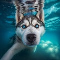 Adorable husky dog with blue eyes dives under water, muzzle close-up. Royalty Free Stock Photo