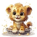 Adorable illustrated lion cub taking a bubbly bath, showcasing playful innocence and vibrant details.