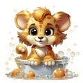 Adorable illustrated lion cub taking a bubbly bath, showcasing playful innocence and vibrant details.