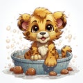 Adorable illustrated lion cub taking a bubbly bath, showcasing playful innocence and vibrant details.