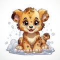 Adorable illustrated lion cub taking a bubbly bath, showcasing playful innocence and vibrant details.