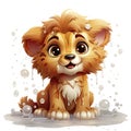 Adorable illustrated lion cub taking a bubbly bath, showcasing playful innocence and vibrant details.