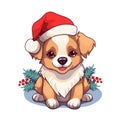 An adorable illustration of a brown and white puppy wearing a red Santa hat, sitting cheerfully in front of a sprig of holly with