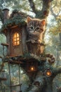 Adorable Illustration of Cute kitten in house on a tree. Ai Royalty Free Stock Photo