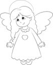 Illustration of an adorable little angel, dressed in a cute dress, in black and white, perfect for children`s coloring book