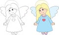 Before and after illustration of an angel, in black and white and in color, perfect for children`s coloring book