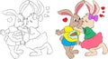 Black and white and color illustration of a couple of rabbits kissing, for children`s coloring book,Valentine`s Day or Easter card Royalty Free Stock Photo