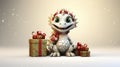 adorable illustration of a cute little dragon donning a Christmas hat and presenting a gift box. Ai generated