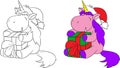 Adorable before and after illustration of a cute little unicorn holding and hugging a present, for children`s coloring book