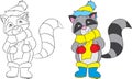 Drawing of a cute little raccoon, dressed for winter, in black and white and in color, for children`s coloring book game
