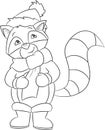 An illustration of a cute little raccoon, in winter, in black and white, perfect for children`s coloring book game