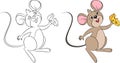 Kawaii before and afer illustration of a little mouse holding a piece of cheese, perfect for children`s coloring book